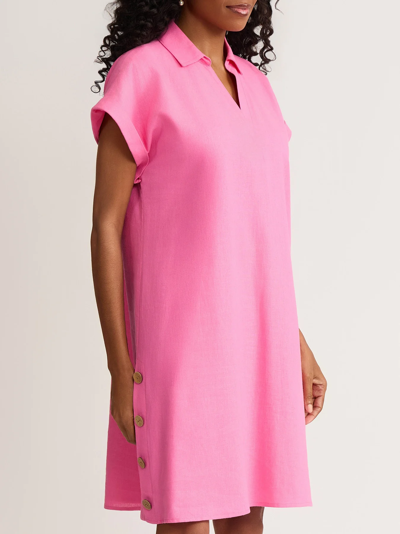 A-Line Collared Side Button Dress, Linen Blend - Image 3