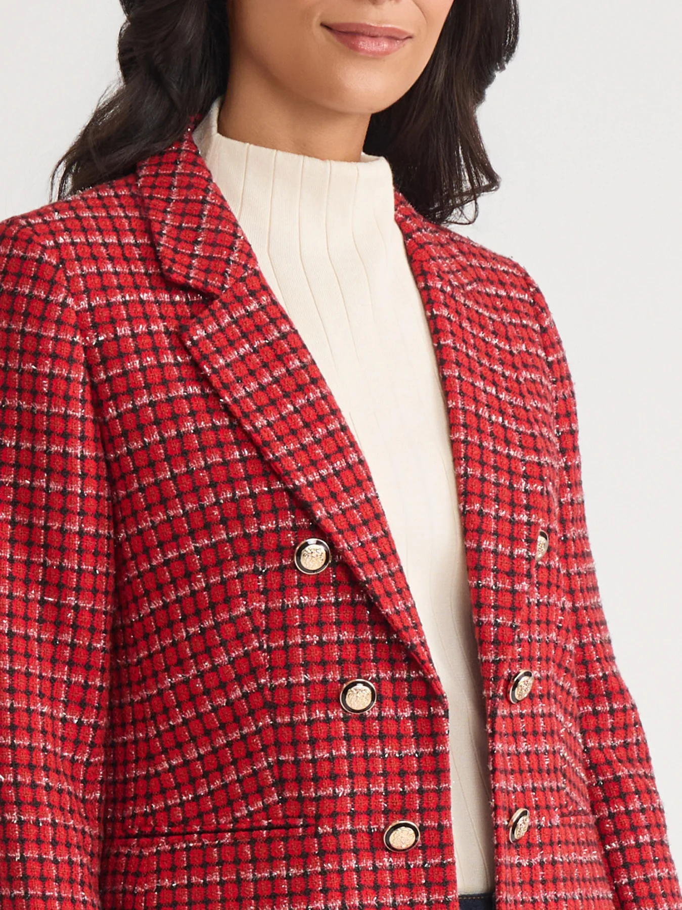 Faux Double Breasted Blazer, Plaid Tweed - Image 3