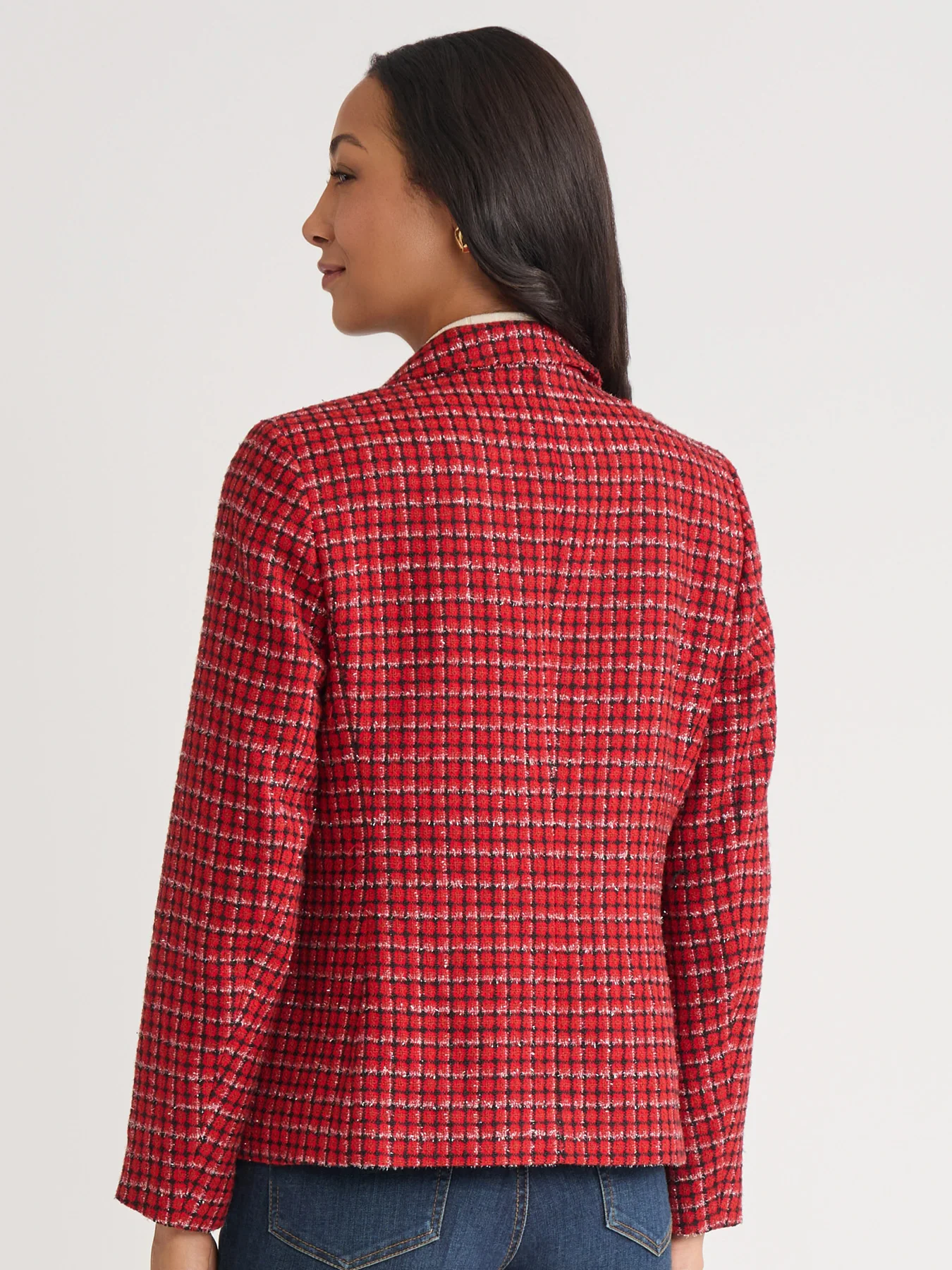 Faux Double Breasted Blazer, Plaid Tweed - Image 4