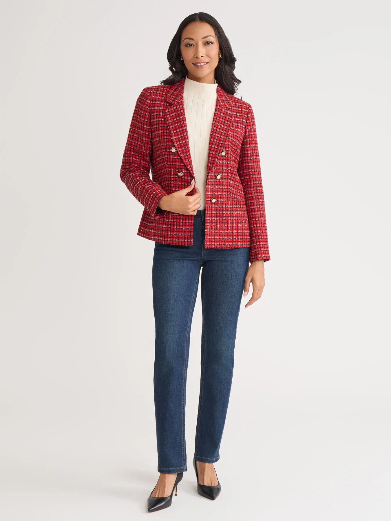Faux Double Breasted Blazer, Plaid Tweed - Image 5