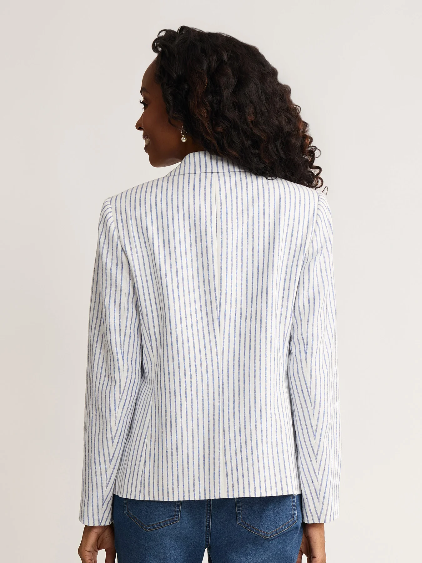 Petite Faux Double Breasted Stripe Jacket, Linen - Image 3