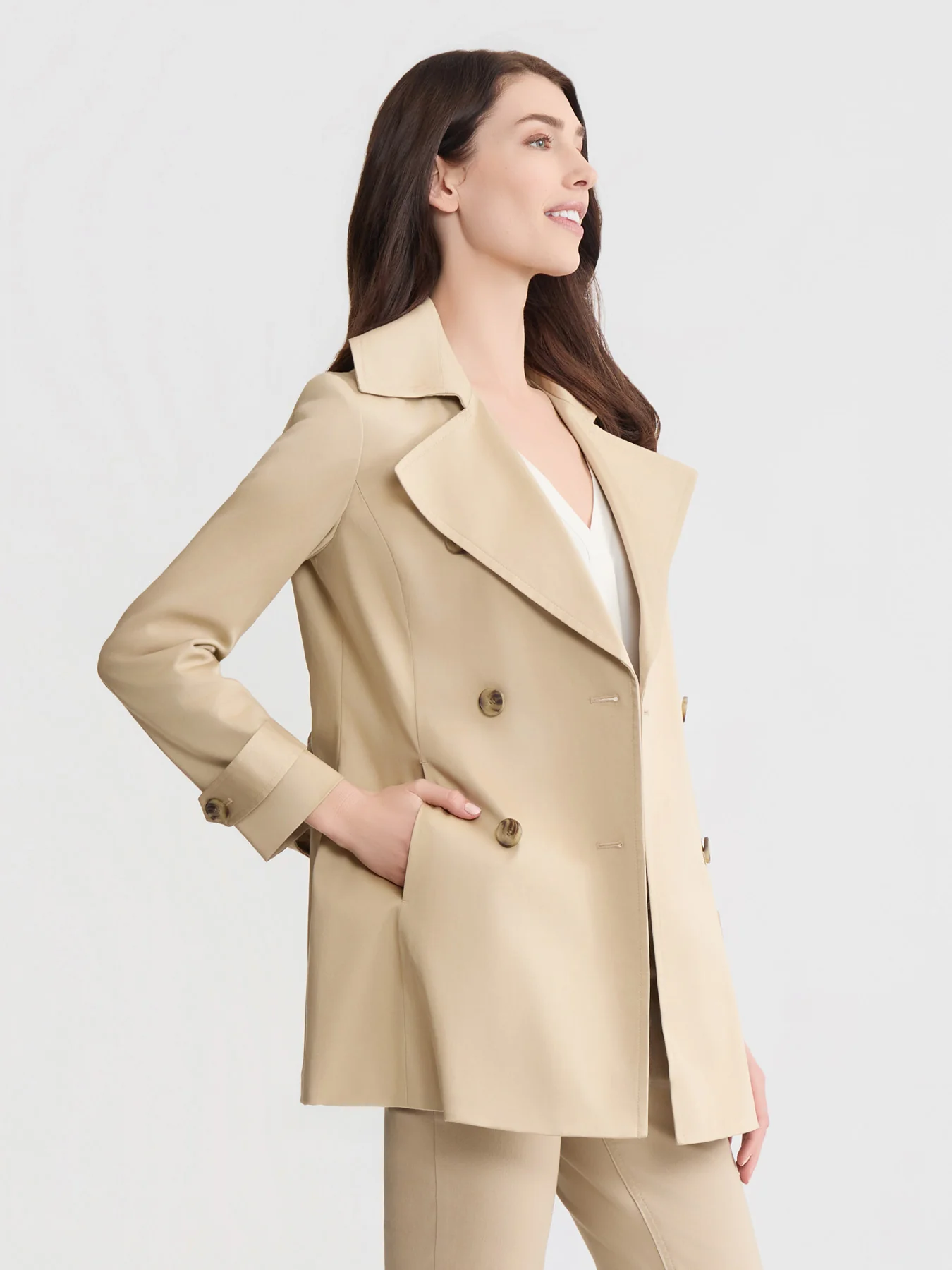 Double Breasted Trench Coat, Stretch Sateen - Image 3