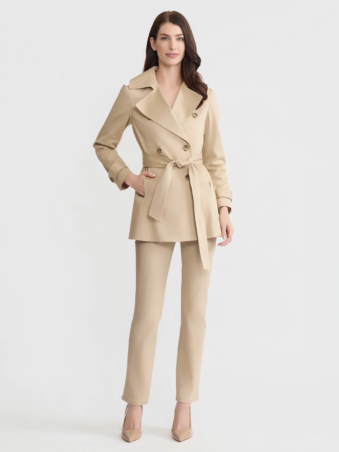 Double Breasted Trench Coat, Stretch Sateen - Image 5
