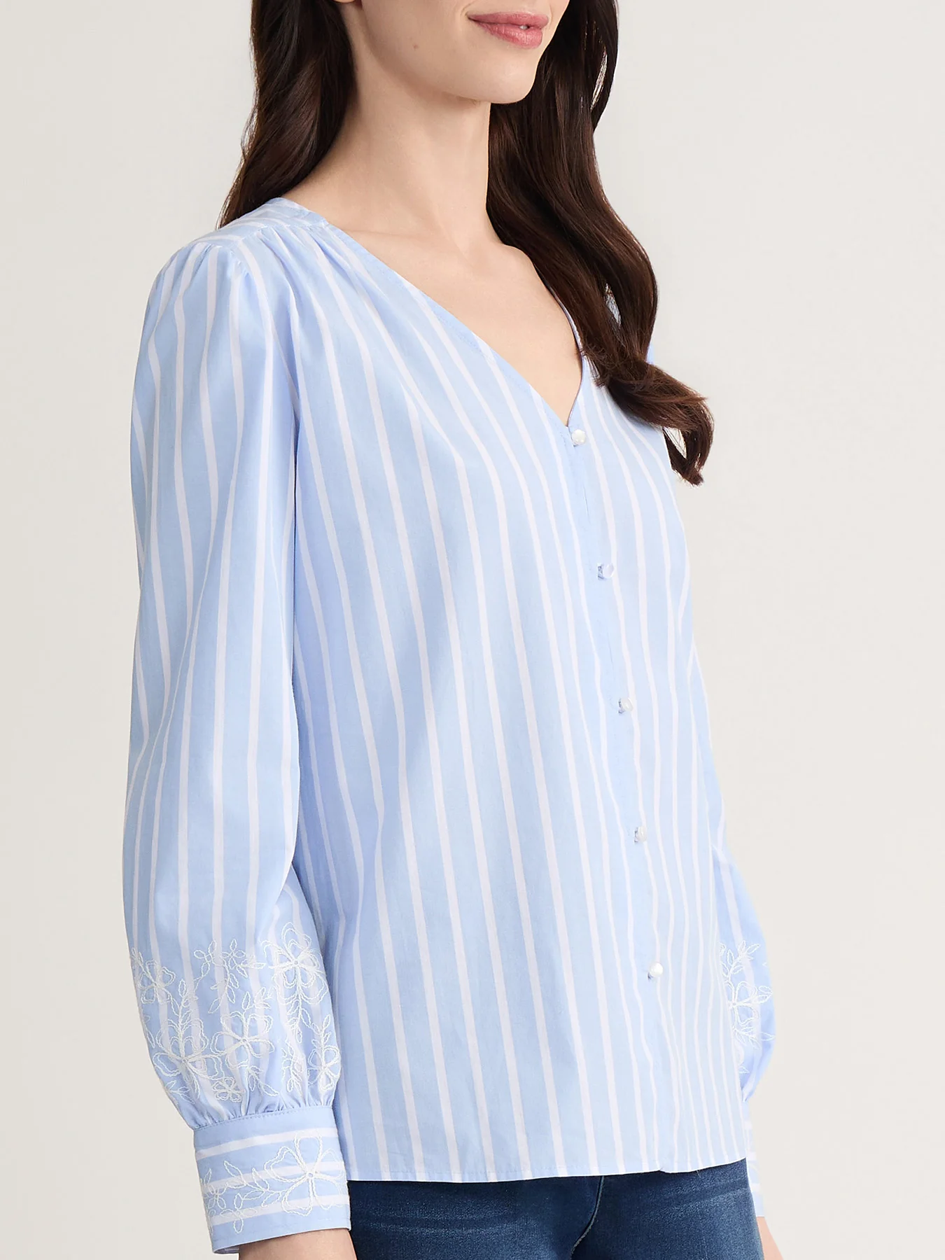 Pinstripe Embroidered Blouse, Cotton Poplin - Image 3
