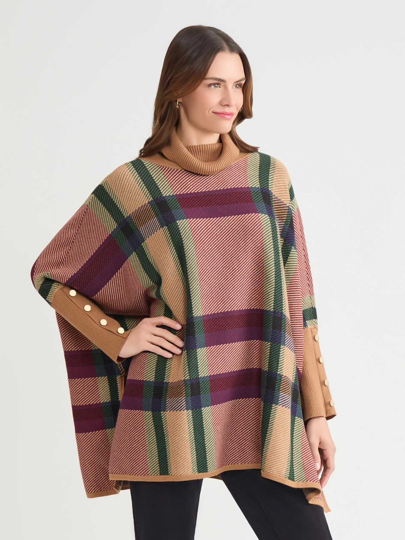 Plus Turtleneck Long Sleeve Poncho Sweater - Image 3