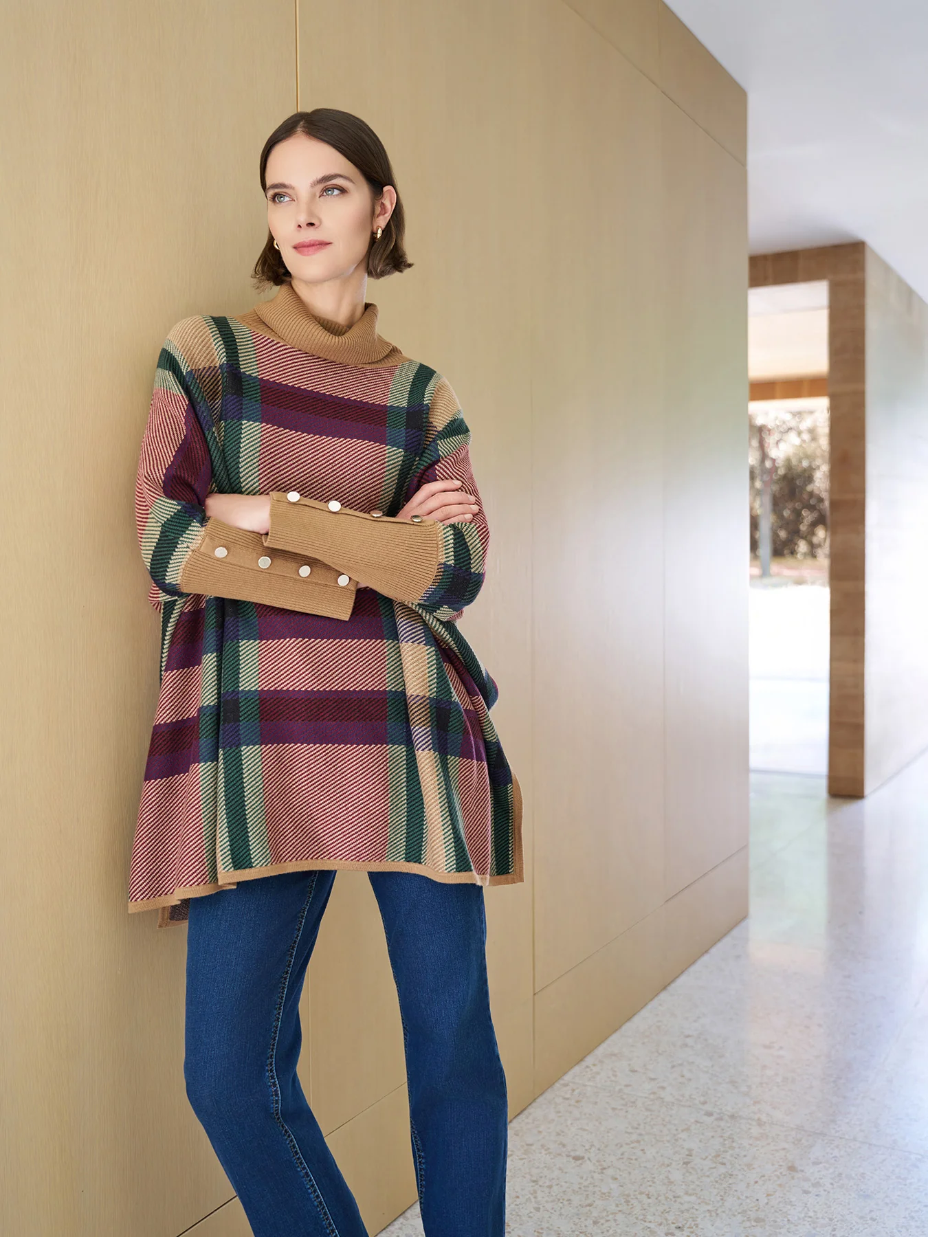 Plus Turtleneck Long Sleeve Poncho Sweater - Image 6