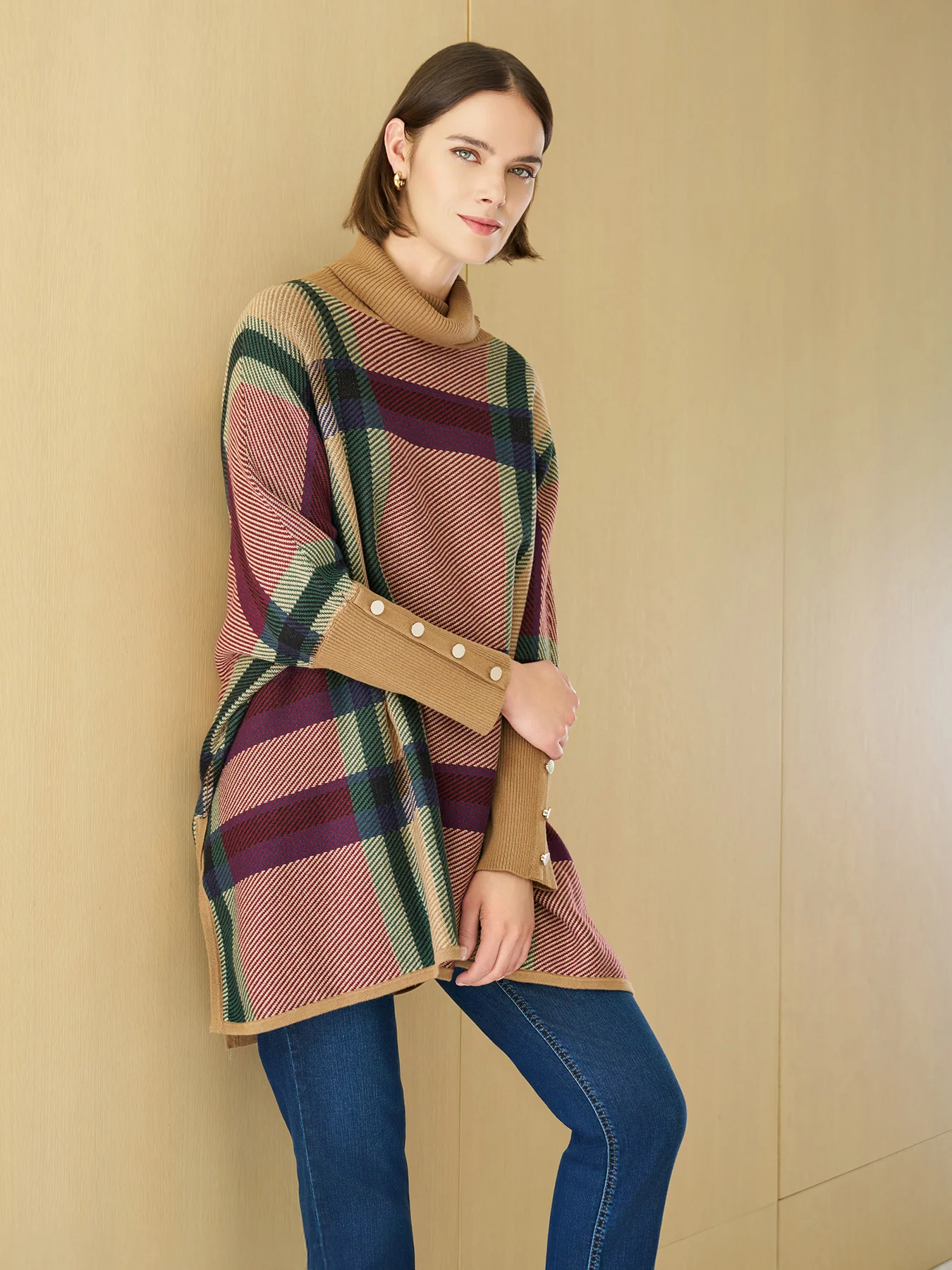 Plus Turtleneck Long Sleeve Poncho Sweater - Image 7