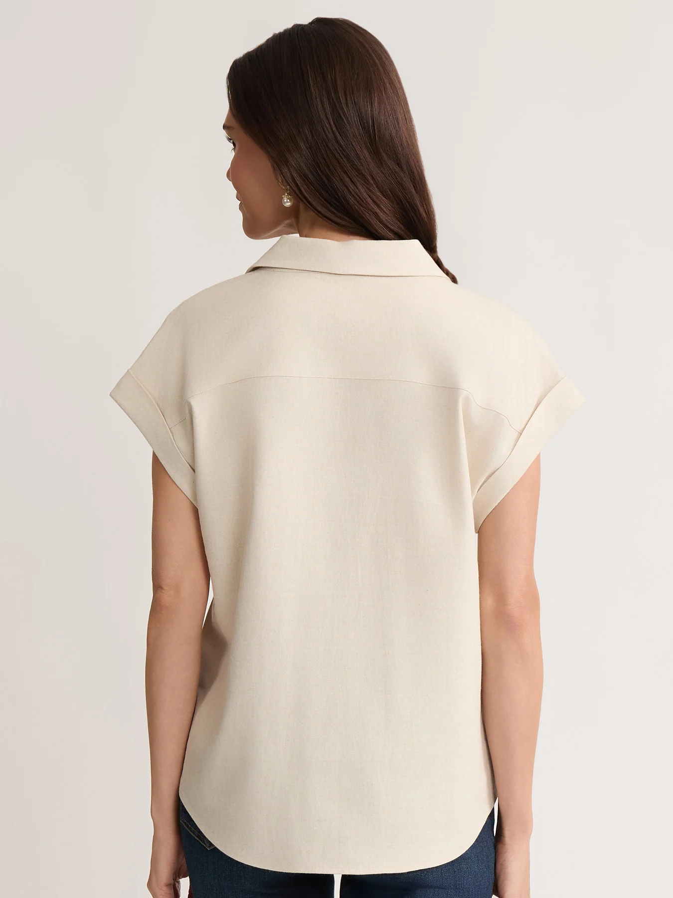 Plus Rolled Sleeve Button Front Blouse, Linen - Image 3