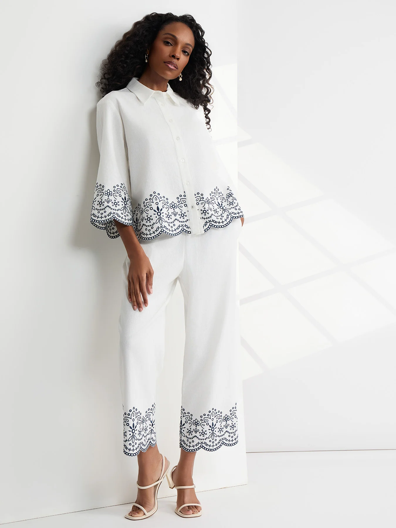 Scallop Hem Embroidered Pant, Linen - Image 4
